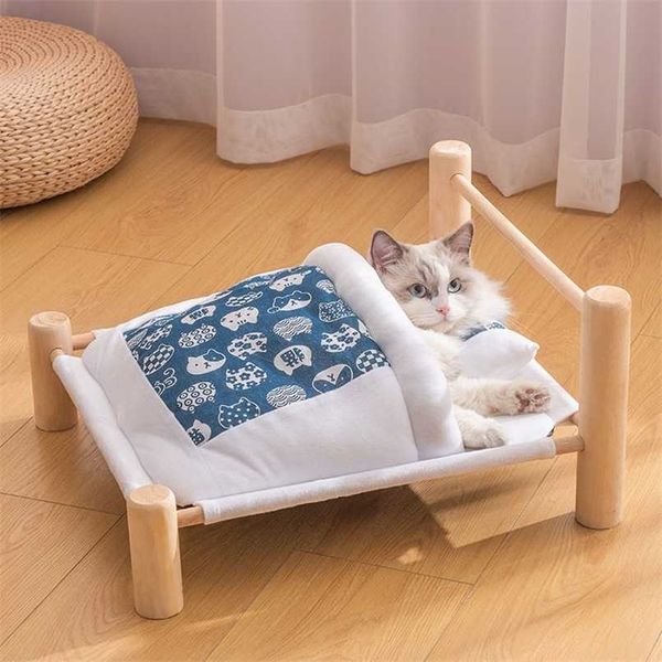 Lit de chat japonais surélevé pour chats petits chiens en bois chaise longue maison hiver chaud chaton nid amovible sac de couchage chenil 211111