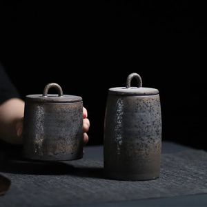 Boîte à thé scellée en céramique japonaise, poterie grossière, grand pot à épices Vintage, réservoir de stockage de bonbons ménagers, récipient alimentaire 240119