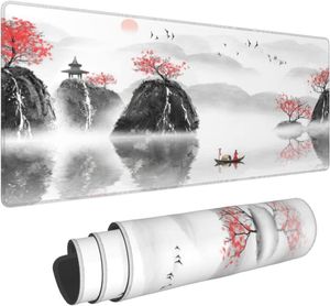 Japonais Cherry Blossom Asia Sunrise Pad Base en caoutchouc antidérapant Tapis de souris Tapis de table à bord cousu Tapis de souris étendu 31,5 x 11,8 pouces