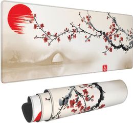 Japanse Kersenbloesem Inkt Schilderij Zonsopgang Spel Muismat XL Non Slip Rubber Base Muismat Genaaid Rand Tafel Pad 31.5 X 11.8 In