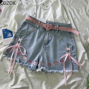 Japanse Chic Bandage Lolita Denim Shorts Vrouwen Zoete Leuke Cartoon Piggy Borduren Boog Jeans Meisje Kawaii Y2k Korte Broek Zomer