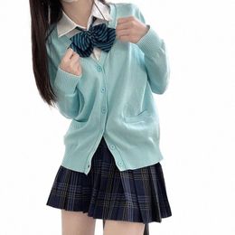Collège japonais Style Cott pull tricoté Cardigan Aqua Blue femmes Lg manches JK uniforme pull veste Top col en V décontracté p2I8 #