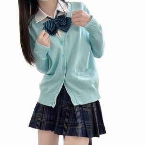 Japanse College Stijl Cott Gebreide Trui Vest Aqua Blauw Vrouwen Lg Mouwen JK Uniform Trui Jas Top V-hals Casual p2I8 #