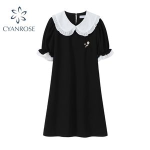 Robe d'été de style collège japonais femmes Peter Pan col belle dentelle arbre champignon drapé à manches courtes noir dame une ligne 210515