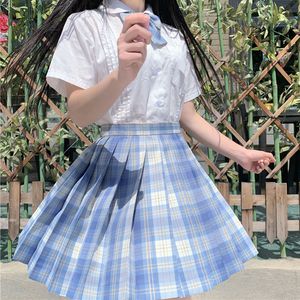 Japanse college wind jk uniformen korte mouw studenten wit shirt high-taille plaid geplooide rok stuk vrouwelijke zomer
