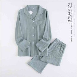 Japanse katoenen crêpe heren lange mouwen + broek pyjama lente en herfst dunne paar thuis service pak dames 210809