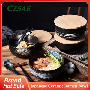 Japonais Creative Céramique Ramen Bol Accueil Personnalisé Restaurant Vaisselle Rétro Instantanée Nouilles Soupe Bol Ensemble avec Couvercle L230704