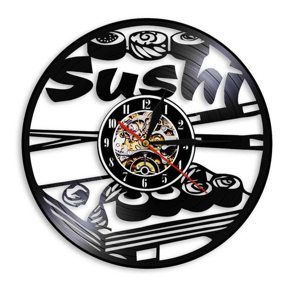 Cocina japonesa Récord de vinilo Reloj de pared Reloj moderno Diseño de sushi Rolls Wall Clock Decor Watch Sushi Bar Japanese Sashimi Restaurant 210930