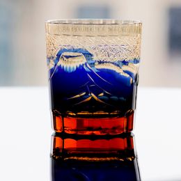 Japanse Edo Kiriko Fuji Mountain Handgeslepen tot helder whiskyglas blauw groen zwart rood 9oz met geschenkdoos