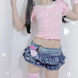 Fille japonaise plissée Super Mini jupes en jean taille basse une ligne jupe bourgeon solide boîte de nuit tenue de soirée jupe Style Punk Lolita 240328