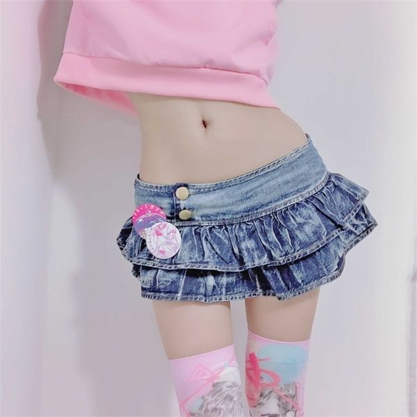 Fille japonaise plissée Super Mini Denim jupes taille basse une ligne bourgeon jupes solide boîte de nuit fête porter jupe Style Punk 210310
