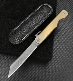 Japanse handgemaakte Higonokami Mini Pocket Knife VG10 Damascus Blade Brass Satin Handcollectie Messen voor messenliefhebbers Outdoor Hu1888288