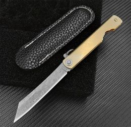 Japanse handgemaakte Higonokami Mini Pocket Knife VG10 Damascus Blade messing satijnen handvat collectie messen voor messenliefhebbers buiten hu1049185