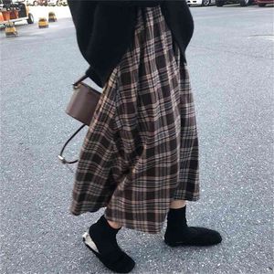 Japanse harajuku herfst winter vrouwen midi rok hoge taille plaid vrouwelijke saias koreaanse ulzzang streetwear elegante lange rokken 210730