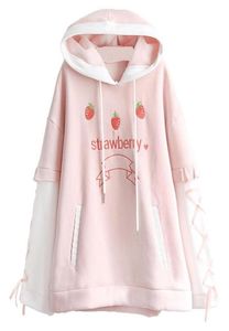 Japonais harajuku kawaii femmes sweat-shirt hiver swawberry épaissison à capuche épaissante à capuche lolita lace chaude lacet up rose tilorver305645275