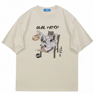 Japonais Harajuku T-shirt Hommes Streetwear Funny Carto Cat Graphic T-shirt 2023 Hommes Cott Tshirt Manches courtes Tops Tees Hip Hop 34id #