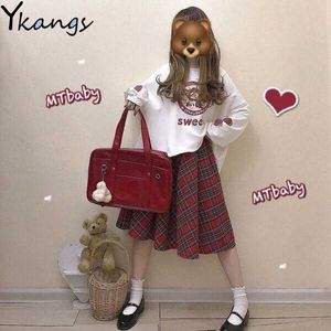 Japonais Harajuku Femmes 2 Pcs Costume Kawaii Mignon Fraise Imprimé Sweat + Jupe À Carreaux Rouge Automne Pulls Tops Jupe Plissée 210619