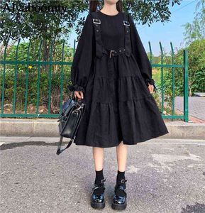 Harajuku japonés mujeres negro Midi vestido gótico Punk estilo tirantes vendaje vestido Vintage volantes largo holgado Cosplay disfraz G1214