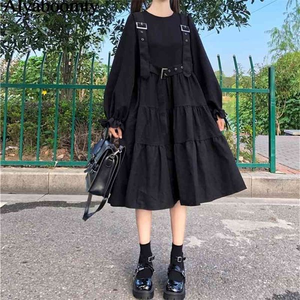 Japonais Harajuku Femmes Noir Midi Robe Gothique Punk Style Bretelles Bandage Robe Vintage Volants Long Baggy Cosplay Costume 210401