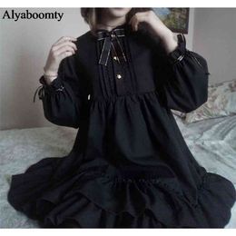 Japanse harajuku vrouwen zwarte ruches jurk lantaarn mouw lolita stijl student's zoete kawaii schattige boog meisje chiffon 210623
