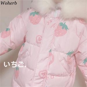 Japonais Harajuku Femmes Parkas Kawaii Pink Strawberry Imprimer Vestes à peluche Femme Capuche Sweet Coat Mode Outwear 210519