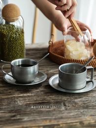 Ensemble de tasses à café et cuillères en acier inoxydable 304, Style industriel japonais, Vintage givré, vaisselle mate pour la maison, 240326