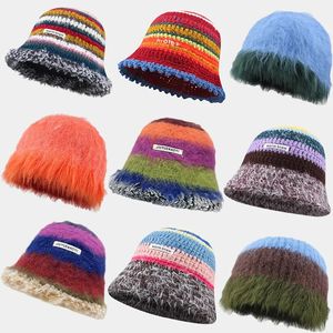 Japanse ins dopamine kleurrijke pluche emmer hoed vrouwen herfst winter contrast gestreepte wollen beanies hoed vrouwelijke warme vissershoed 240430