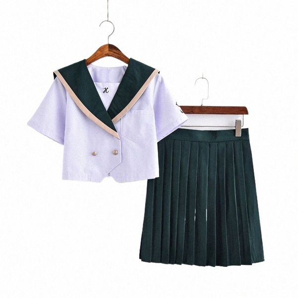 Japonais JK Uniforme scolaire pour les filles Logo brodé à manches courtes Lycée Femmes Casual Sailor JK Uniformes Ensembles Vert XXL u22p #