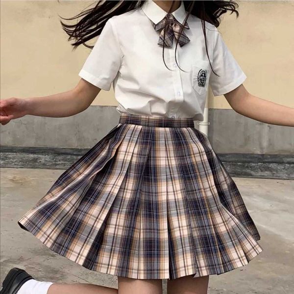 Japonais JK Uniforme Casual A-Line Trois pièces Ensemble Ulzzang Kawaii Punk Harajuku Ensembles Jupe Femme Femmes Mini Plaid Plissé 210608