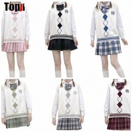 Uniforme japonés JK chaleco de punto uniforme escolar CardigansJapanese uniforme de niña estudiante bordado suéter falda plisada conjunto de corbata s1ts #