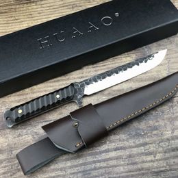 Katana japonesa de acero forjado con mango de ébano 58-60HRC, cuchillo de caza afilado para acampar, hoja fija, regalo de colección, Funda de cuero PU