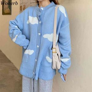 Japanse kawaii harajuku cardigan vrouwen cloud print Koreaanse losse blauwe trui jas Alle match gebreide vesten jumper 210519