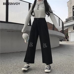 Japonais Kawaii Harajuku adolescentes lâche ours broderie sauvage jambe Baggy pantalon décontracté femme doux mignon pantalons de survêtement pantalon 220325