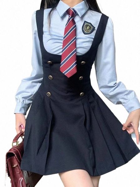 Japonais Kawaii JK Uniforme scolaire Été Mignon Slim Shirt Uniformes Ensembles Solide Graduati School Girls Cosplay Strap Jupe Costume x1DQ #