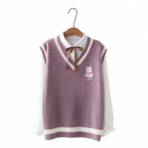 Japonais Kawaii Pull tricoté Femmes Pull Vintage Teen Girl School Uniforme Gilet Mignon Carto Bear Broderie Sleevel Jumper r5U7 #