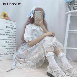 Japanse kawaii lolita jurk vintage kant bandage schattig afdrukken hoge taille victoriaanse prinses zoete gotische jsk loli 210520