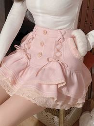 Japonais Kawaii Lolita Mini jupe femmes hiver dentelle décontracté élégant doux femme taille haute pansement coréen 2023 240113