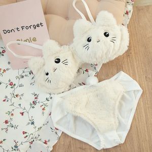 Japanse Kawaii Pluche Vrouwen Bh Set Leuke Meisje Kat Comfortabele Cartoon Ondergoed Mooie Zachte Student Lingerie 240305