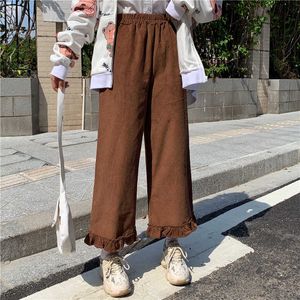 Japanse kawaii preppy stijl ruches meisje 2020 herfst losse herfst vrouwen solide lolita stijl capris hoge taille beenbroek broek q0801