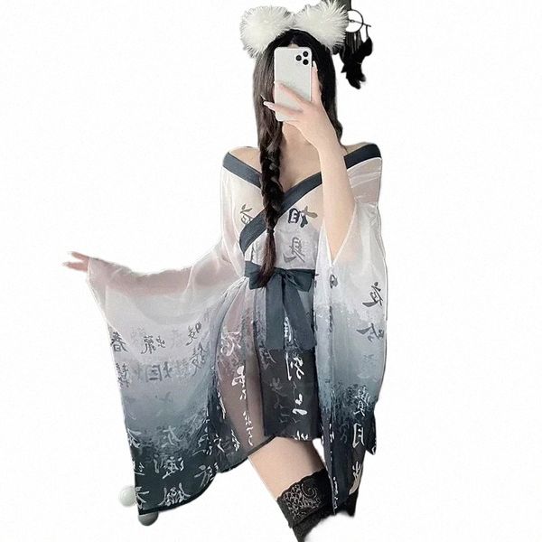 Japonais Kimo Cosplay Femmes Lingerie Pyjamas Sexy Voir à travers Mesh Chemise de nuit Perspective Peignoir Temptati Robes de nuit v58i #