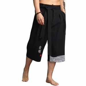 Japanse Kimo Traditial Broek Mannen Aziatische Kleding Bad Broek Casual Losse Mannelijke Japan Stijl Yukata Broek Linnen Bijgesneden Broek B5Bk #