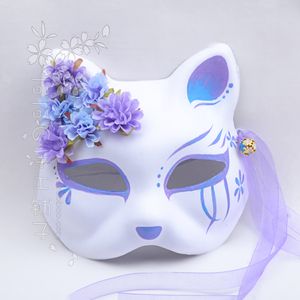 Kimono japonais renard chat masque peint à la main anime violet bleu dégradé soie fleur cloche cosplay