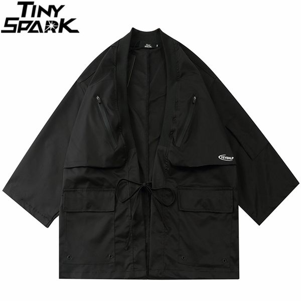 Veste kimono japonaise poches zippées hip hop hommes streetwear noir harajuku japon style cardigan 211217