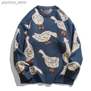 Pull tricoté japonais hommes dessin animé animal canard oie imprimé pull Harajuku décontracté col rond surdimensionné haut streetwear unisexe automne Q230830