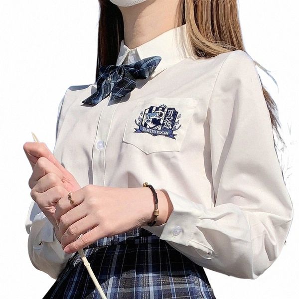 Japonais coréen Lg broderie à manches courtes Blouse blanche chemise pour les filles collège lycée uniformes JK Top étudiant vêtements y2fF #