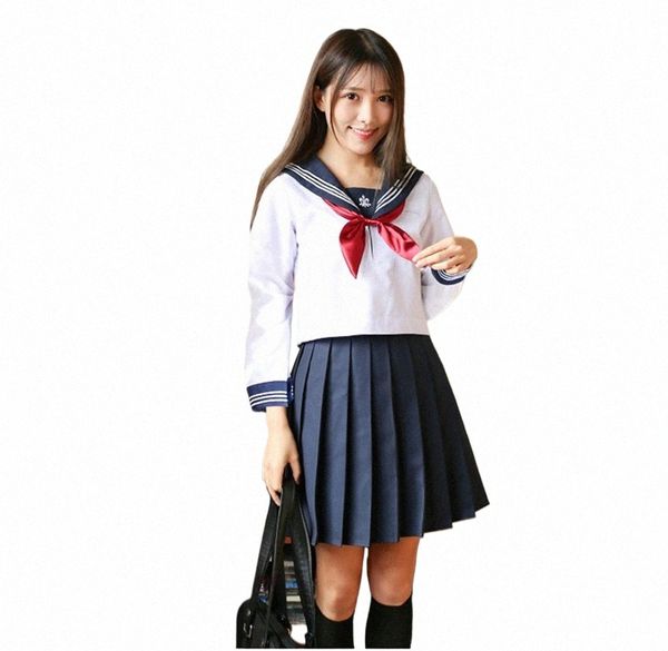 Traje de uniforme escolar de estilo coreano japonés Estudiantes Niñas Patrón Tridente JK Uniforme Marinero blanco Top + Falda + Corbata Uniformes de muy buen gusto 38ca #