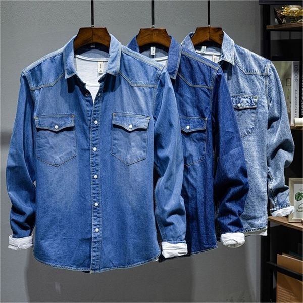 Tendance japonaise coréenne à manches longues rétro Denim chemise hommes mode décontracté tout-match Jean chemise veste mâle haut de gamme marque hauts 220401