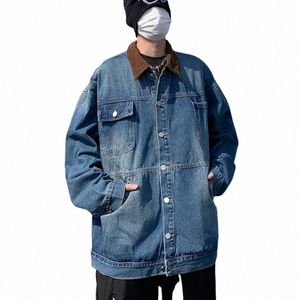 Japanse Revers Retro Corduroy Denim Splicing Jas heren Wo Patchwork Losse Casual High Street Jassen Mannelijke Kleding J38t #