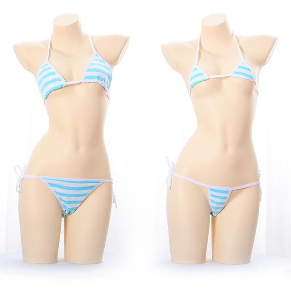 Ensemble de sous-vêtements de Cosplay, Lingerie japonaise, Sexy, érotique, Anime, Mini Bikini Kawaii, soutien-gorge rayé bleu rose, pour femmes, 246G