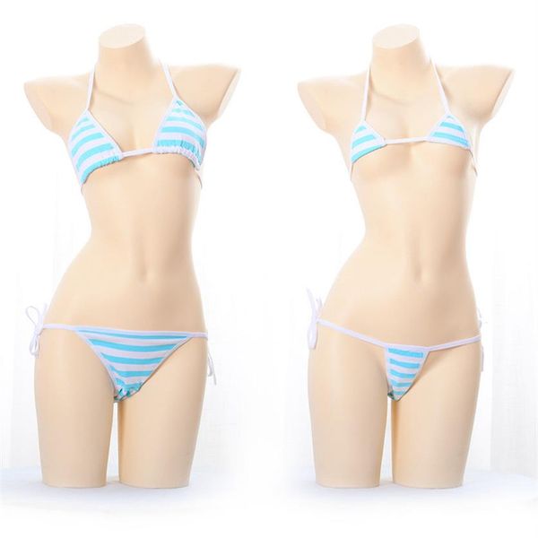 Lingerie japonaise Sexy érotique Anime Cosplay ensemble de sous-vêtements Kawaii Mini Bikini bleu rose rayé soutien-gorge ensemble pour Women232A